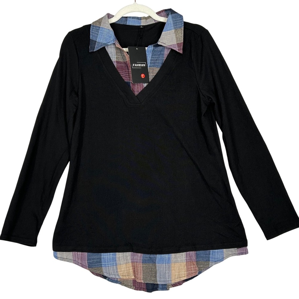 Kohl's Black w Plaid Faux Double Layer Collared Long Sleeve Blouse Womens L NWT